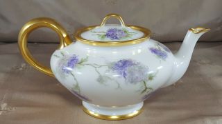 Antique Haviland Teapot Hand Painted Artist Signed France Limoges Purple Flowers