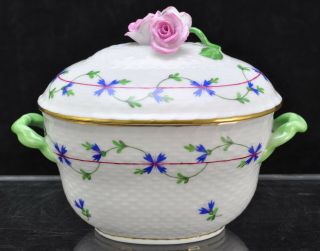 Vintage Herend Porcelain Blue Garland Oval Sugar Bowl