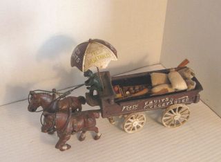 Vintage Cast Iron 2 Horse Drawn Fruit And Vegetables Wagon 13.  5 Long Clydesdale