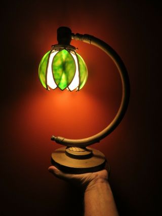 Antique 1910 Brass W/slag Glass Tulip Lamp Shade Green/white Student Desk Lamp
