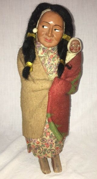 Vintage Early Skookum Indian Native American Doll W/papoose Baby 13 Inches Tall