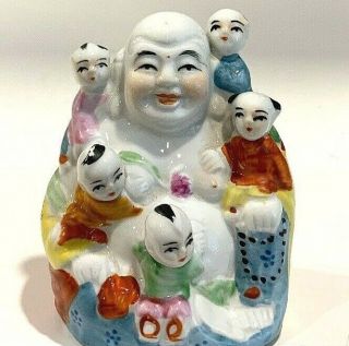 Vintage Porcelain Laughing Buddha With 5 Children Wu Zi Deng Ke Fertility
