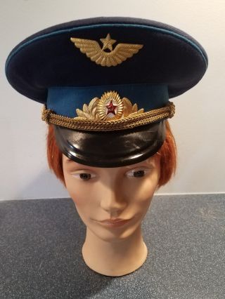 Vintage Soviet Russian Military Air Force Hat With Two Badges 56 1989?