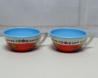 2 Vintage Ohio Art Child Toy Mini Metal Tea Cups Red White And Blue Floral