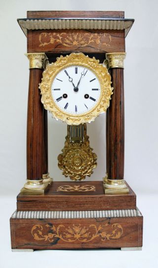Antique French Empire Column Clock Portico Marquetry Gilt Hughe Decorated