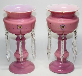 Pr.  Small Victorian Pink Cased Glass Mantle Lusters