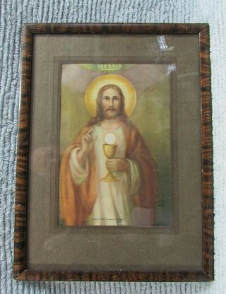 Jesus Christ The Eucharistic King Ihs Antique Print Wood Framed W Glass S/h