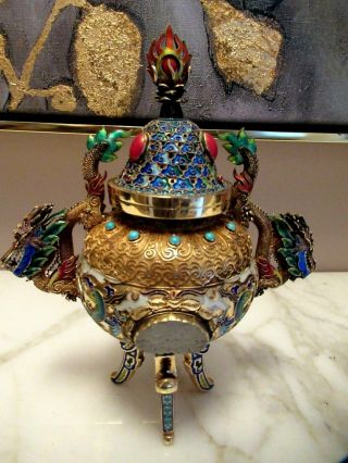 Chinese Filigree Sterling Silver Enamel Carnelian Dragon Censer Vase Jade