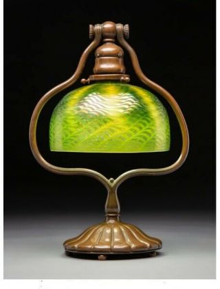 Tiffany Studio Bronze Harp Desk Lamp With Damascene Glass Shade