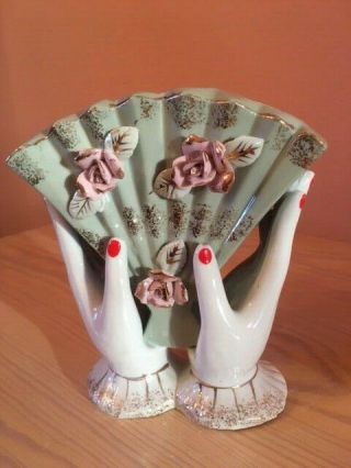 Vintage 1950’s - Two Hands Holding A 6 " Tall Vase; Applied Flowers & Gold Gilt