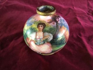 French Hand Painted Enamel On Copper Vase Signed By Gamut C1800’s