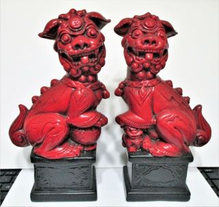 Vintage Hand Painted Red Ceramic Foo Dog Statues Figurines 9 "