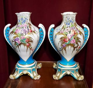 Antique Pair Old Paris Reticulated Porcelain Vases Urns Sevres Blue Flowers