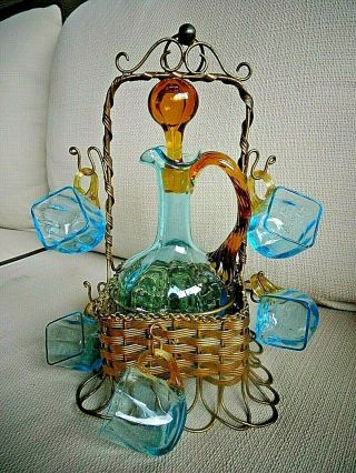Antique French Legras Art Glass Decanter Liquor Set In Metal Holder
