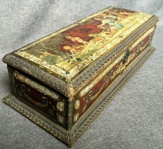 Big Antique French Wood Box Case 19th Century With Painted Tin Plates Angels