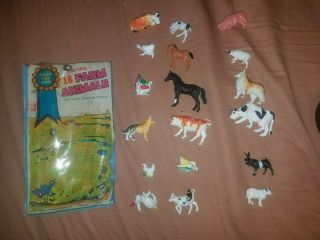 Vintage 1971 18 Hard Plastic Rubber Toy Farm Animals Cows Angus Bull Calf Horse