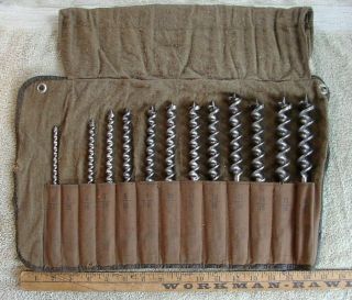 12 Different Antique Auger Bits,  C.  E.  & Russell Jennings,  James Swan,  & Roll - Up