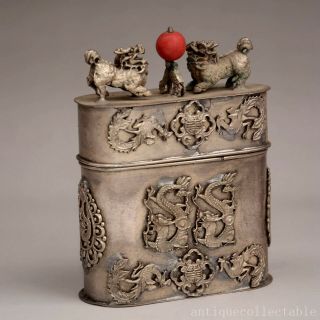 Collect Old Tibet Silver Hand Carve Myth Dragon & Phenix & Kylin Auspicious Box 2