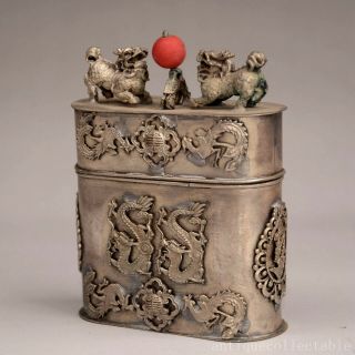Collect Old Tibet Silver Hand Carve Myth Dragon & Phenix & Kylin Auspicious Box 3