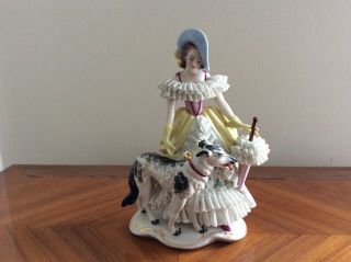 Volkstedt Dresden Sitzendorf Lady With Barzoi Dog Lace Figurine Porcelain