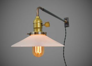 Vintage Industrial Wall Mount Light - Opal Shade - Machine Age Milk Glass Lamp