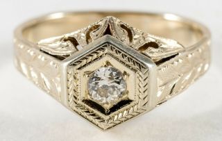1/4 Ct Antique Art Deco 14k White Gold Diamond Ring Pierced & Engraved