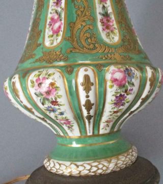 Antique Hp French Sevres Porcelain Lamp Flowers Ornate Gilt Enamel Swags,  Faces