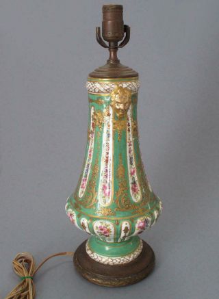 Antique HP French SEVRES Porcelain Lamp FLOWERS Ornate Gilt Enamel SWAGS,  FACES 2