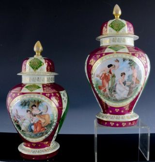 Stunning Large Pair Antique Royal Vienna Dresden Design Porcelain Lidded Vases