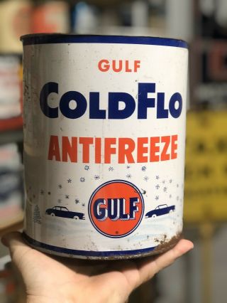 Vintage 1 Gallon Gulf Anti - Freeze Oil Can.  Rare Can.  Farm.  Service.  Gas,  Oil