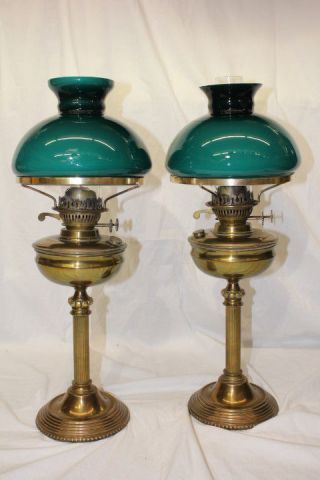 Vintage Brass Columned Dual Wick Oil Lamps W/ Chimney & Green Shades