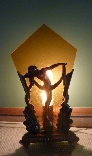 Art Deco (nude) Lady Dancing Woman Figural Boudoir Lamp 13 " Amber Glass / Metal