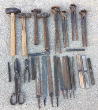 Old Vintage Tools 26 Pc Nippers Files Hammers Chisels Punches Blacksmith
