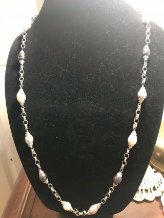 Vintage 39 " Silver Necklace With Fresh Water Pearls And Black Tahitian Pearls