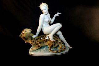 Antique French - Painted Porcelain - Nude Female Seated On A Leopard