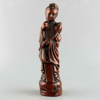 Collect China Antique Boxwood Carve Shy Fairy Hand Hold Lotus Exquisite Statue