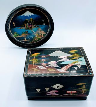 Vintage Japanese Music Jewelry Box With Key Black Lacquered Hand Painted W/ Tray