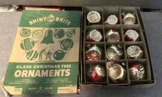Vintage Shiny Brite Christmas Ornaments Box Of 12 With Indent,  Box,