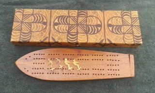 Vintage Hawaiian Koa Wood Cribbage Board Surfboard Box And Pegs