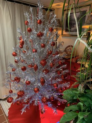 Vintage 6 Foot Aluminum Christmas Tree,  Color Wheel,  Ornaments & Skirt