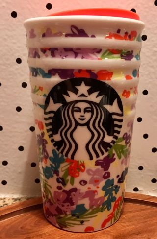Starbucks Coffee RARE 2016 Ceramic Mermaid Floral Tumbler Travel Mug Limited 2