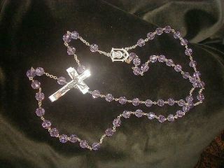 Old Vintage French Sterling Silver Rosary W Purple Crystal Beads & Mop Crucifix