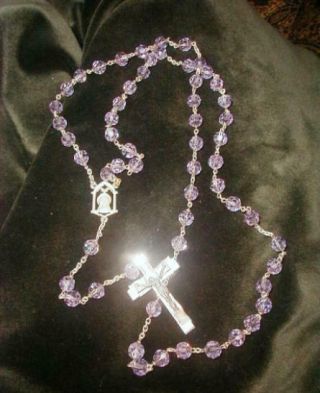 Old Vintage French Sterling Silver Rosary w Purple Crystal Beads & MOP Crucifix 2