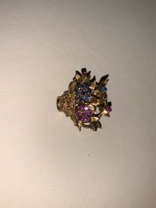 Vintage 14k Gold Basket Flower Brooch Pin Pendant Sapphires Rubies