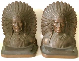 Antique Solid Bronze Pair Proud Native American Indian Chiff Bookends Book Ends