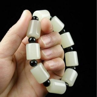100 Natural Hetian White Jade Hand - Carved Cylindrical Statue Bracelet /pb02b
