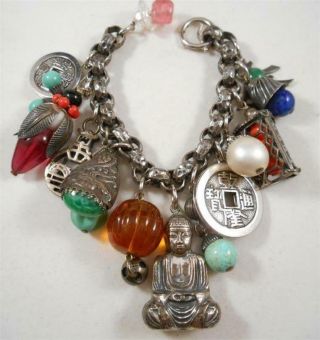 Vtg 1950s Napier Asian Buddha Good Fortune Dragon Glass Beaded Charm Bracelet