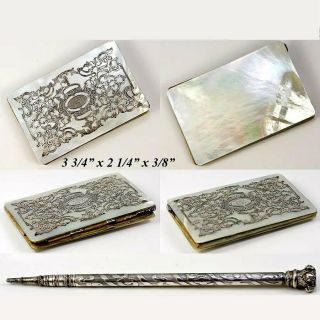Antique Victorian French Mother Of Pearl & Sterling Silver Card Case,  Necessarie