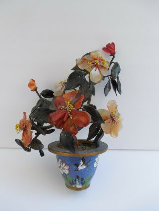 Vintage Jade Cloisonne Pot Rose Quartz Carved Flowers 9 "