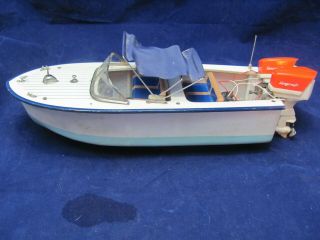 Vintage Lang Craft Twin Outboard Motor Toy Model Boat Plastic And Wood Japan